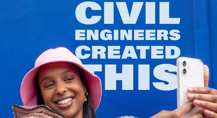 Girl proudly taking a selfy with text in the background that reads Civil Engineers Made This