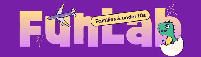 FunLab logo displaying the word FunLab surrounded by science graphics. 