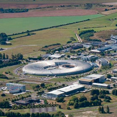 Aerial shot of the Harwell Campus surrounded by green fields