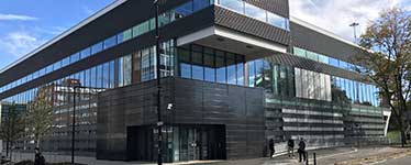 Large black glass building