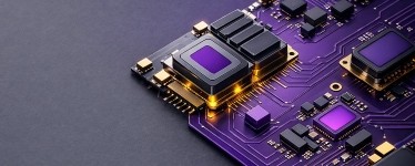 Close-up of a purple circuit board with electronic chips and components.