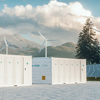 energy storage contains with wind turbines, solar panels and mountains in the background