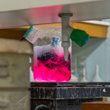 Bright pink liquid bubbles in beaker