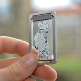 Close up of fingers holding a sample in glass plate