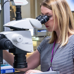 Female looking into a microscope