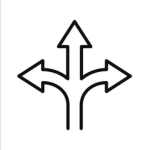 A black outlined icon of three arrows pointing in different directions; left, right, and up, originating from a single point