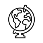 A black outline of a globe sitting on a tilted axis against a white background