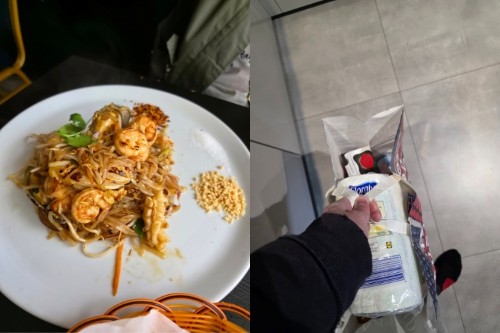 Split image of pad Thai on a plate and a person holding a shopping bag filled with groceries.