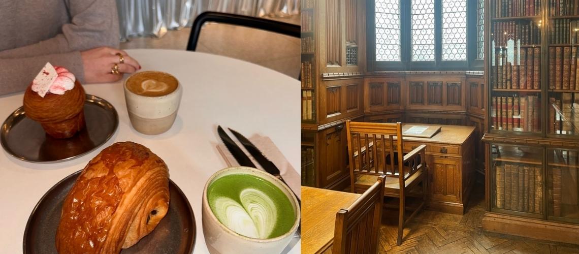 Split image of drinks and pastries at Pollen Bakery, and study desk in John Rylands Library.