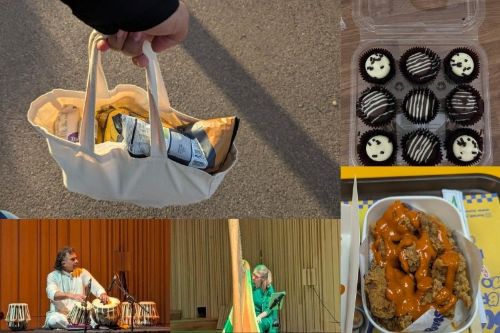 Collage of shopping, cupcakes, fried chicken, tabla performer, and harp performer on stage.