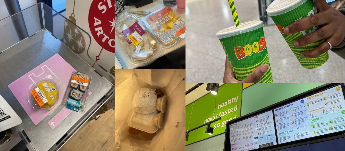 Collage of takeaway food and drinks, including sushi, fruit, sandwiches, coffee and a juice bar menu board.