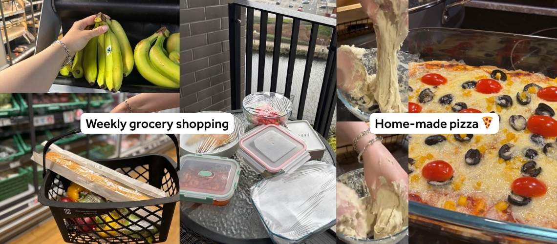 A collage showing scenes from a grocery shopping trip and making homemade pizza.