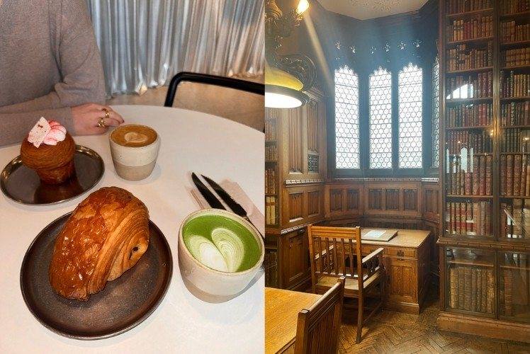Split image of drinks and pastries at Pollen Bakery, and study desk in John Rylands Library.