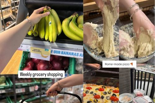 A collage showing scenes from a grocery shopping trip and making homemade pizza.
