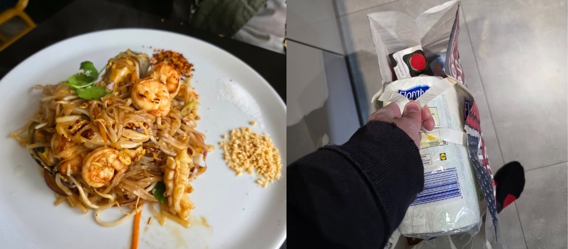 Split image of pad Thai on a plate and a person holding a shopping bag filled with groceries.