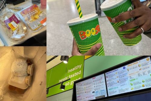 Collage of takeaway food and drinks.