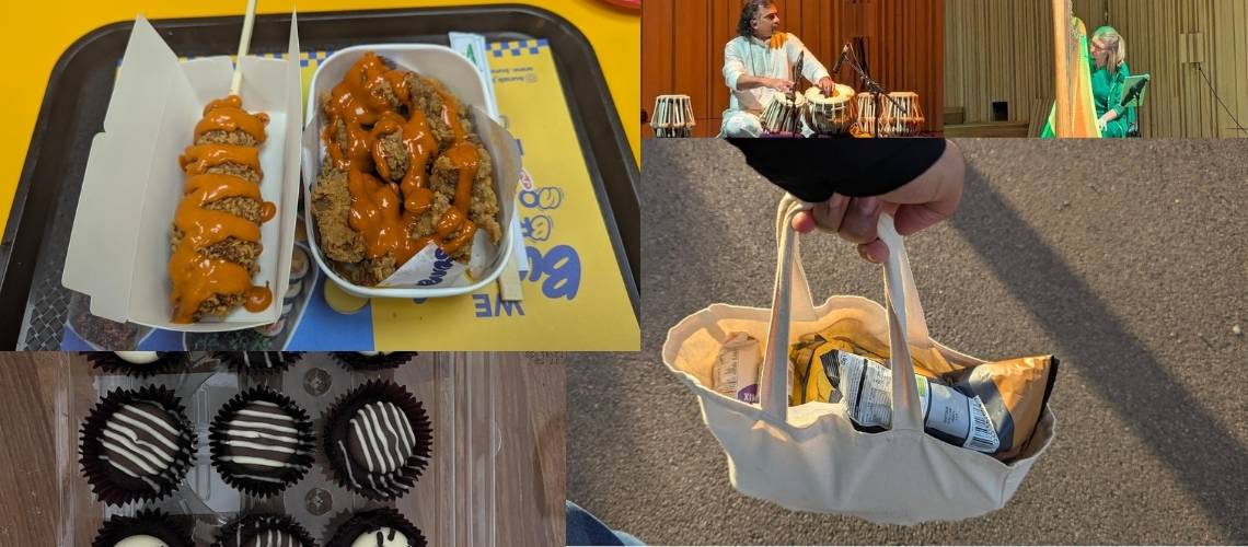 Collage of shopping, cupcakes, fried chicken, tabla performer, and harp performer on stage.