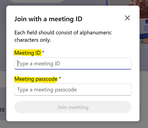 Screen shot of the Teams meeting ID screen